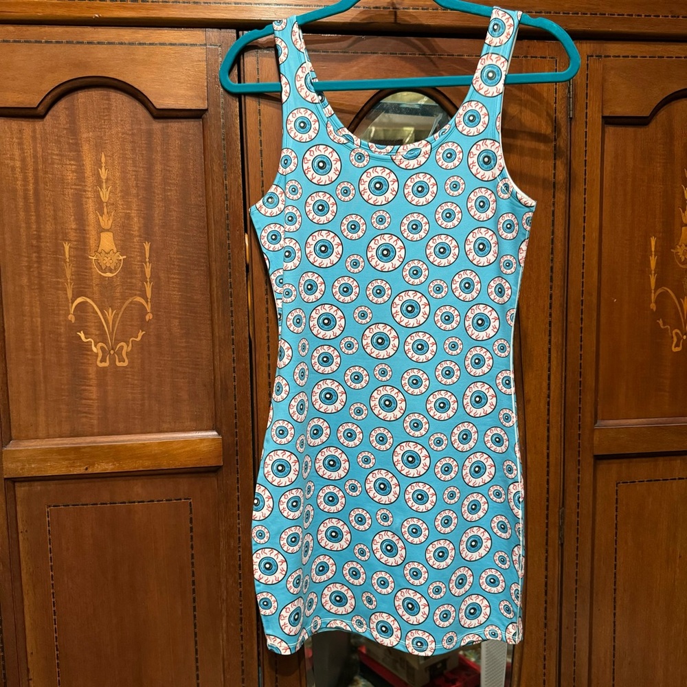 Sourpuss aqua blue eyeball horror body con mini dress S